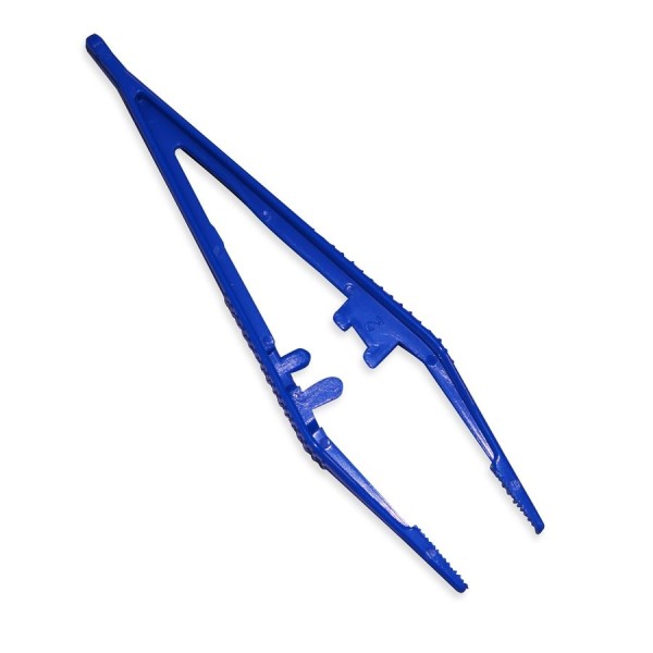 Pinzetta monouso in ABS blu punte dritte zigrinate mm. 111 - Confezione da 6