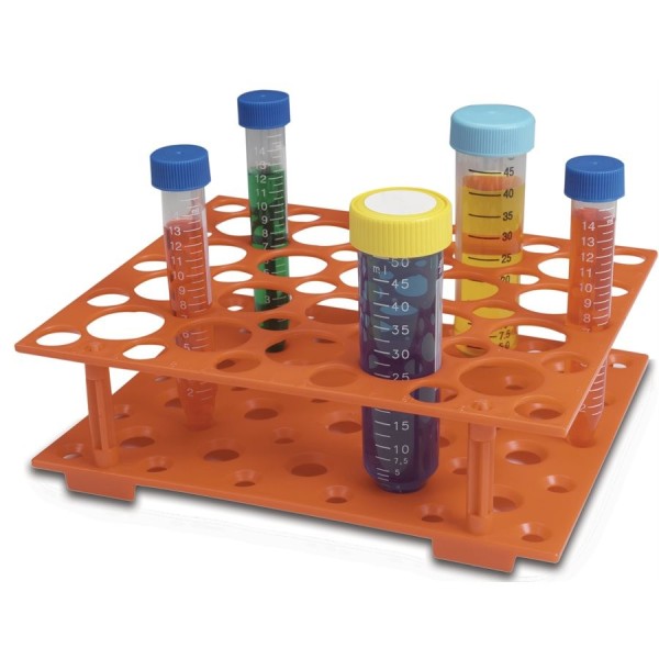 Portaprovette in ABS arancione per provette da 15 e 50 ml. Portaprovette in ABS arancione per provette da 15 e 50 ml.