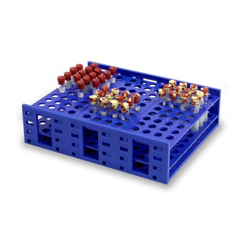 Portaprovette Mega Rack in PP blu 120 posti per provette da 10 ml.