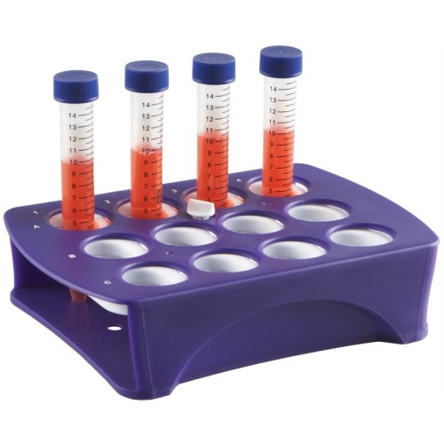 Portaprovette in PP viola 12 posti per provette da 15 e 50 ml.