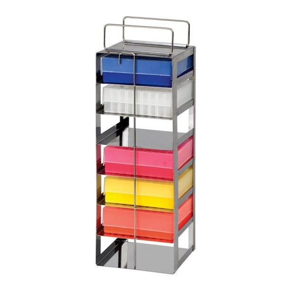 Supporto in acciaio per 5 scatole criogeniche da 75 mm. di altezza Supporto in acciaio per 5 scatole criogeniche da 75 mm. di altezza