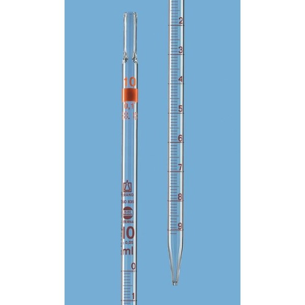 Pipetta in vetro graduata tipo 3 - ml. 10 divisione 1/10 in classe AS - estremità superiore per tampone di cotone