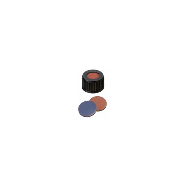 Tappo a vite in polipropilene ND 18 forato con setto in butile rosso/PTFE grigio
