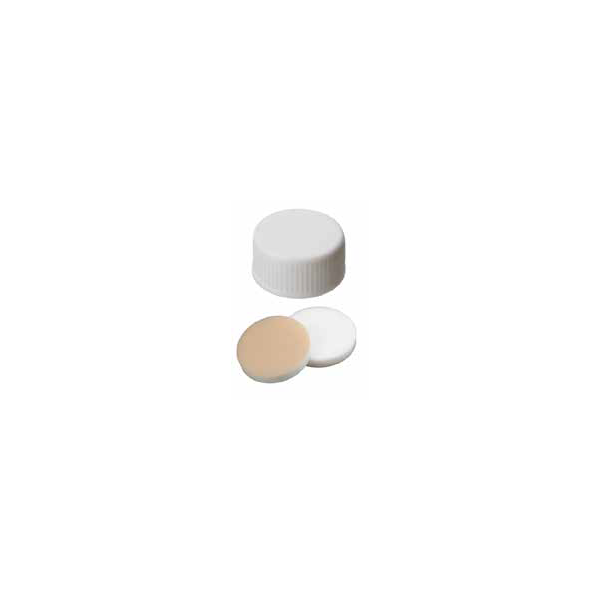 Tappo a vite in polipropilene bianco ND 24 pieno con setto in Silicone bianco / PTFE Beige EPA-Quality