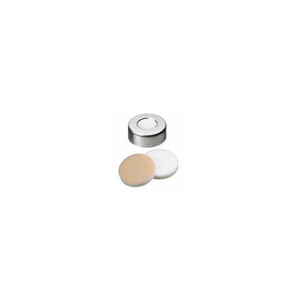 Tappo crimp in alluminio ND 20 forato con setto in Silicone bianco/PTFE beige