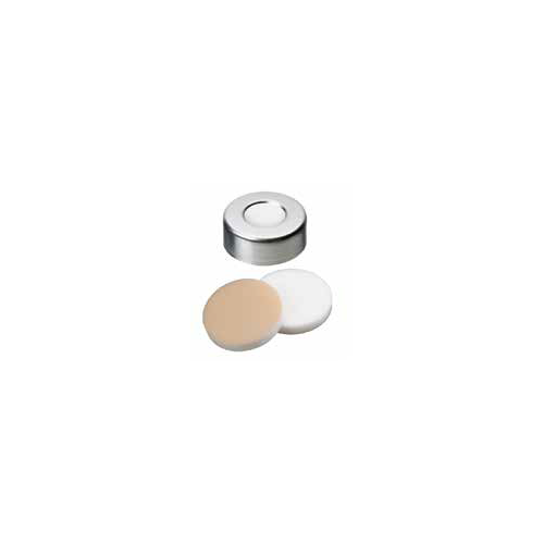Tappo crimp in alluminio ND 20 forato con setto in Silicone bianco/PTFE beige