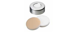 Tappo crimp in alluminio ND 20 forato con setto in Silicone bianco/PTFE beige